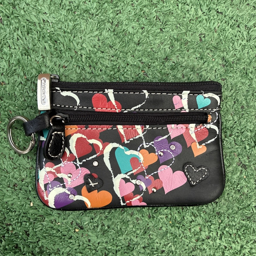 Vintage FOSSIL Key Ring ID Zipper Pouch Black w/ Hearts & Bling Leather 5"x 3"
